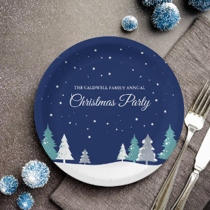 Custom Christmas Party Winter Trees Blue Pappteller