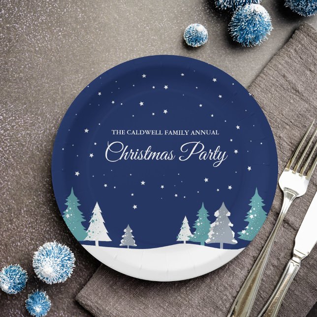 Custom Christmas Party Winter Trees Blue Pappteller (Von Creator hochgeladen)