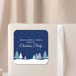 Custom Christmas Party Winter Trees Blue Quadratischer Aufkleber