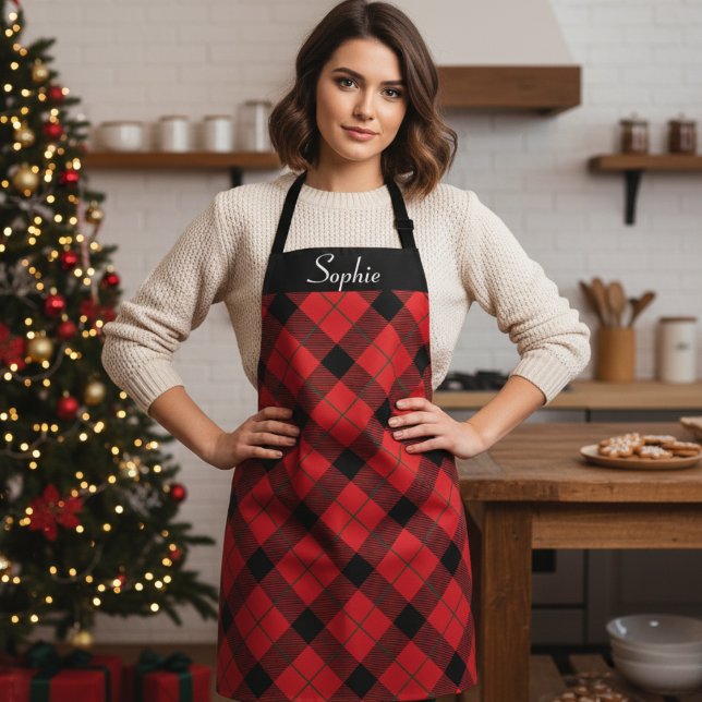 Custom Christmas Red, Black and Green Kariert Schürze (Custom Christmas Red, Black and Green Plaid Apron - Just add your name or special text!)