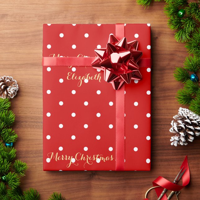Custom Christmas Red Imitate Gold Script Polka Dot Geschenkpapier (Custom Christmas Red Faux Gold Script Polka Dot Wrapping Paper)