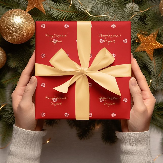 Custom Christmas Red Snowflakes Imitate Gold Scrip Geschenkpapier (Custom Christmas Red Snowflakes Faux Gold Script Wrapping Paper)