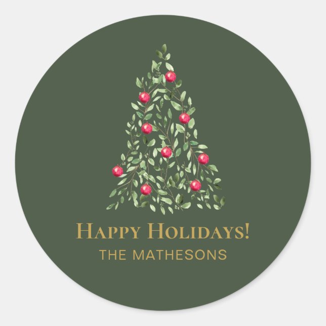 Custom Christmas Tree grün Rot elegante Familie Runder Aufkleber (Vorderseite)