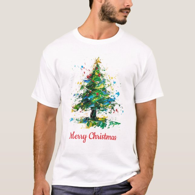 Custom Christmas Tree Oil Painting Style T-Shirt (Vorderseite)