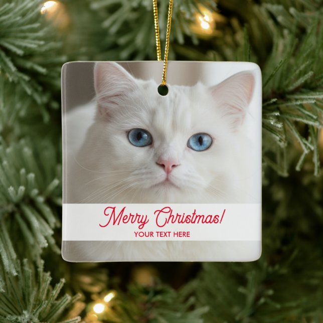 Custom Christmas tree ornament with white cat pic (Baum)