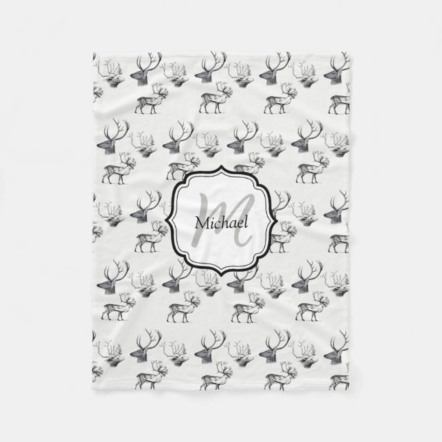 Custom Christmas Vintag Deer Head Antlers Muster Fleecedecke (Vorderseite)