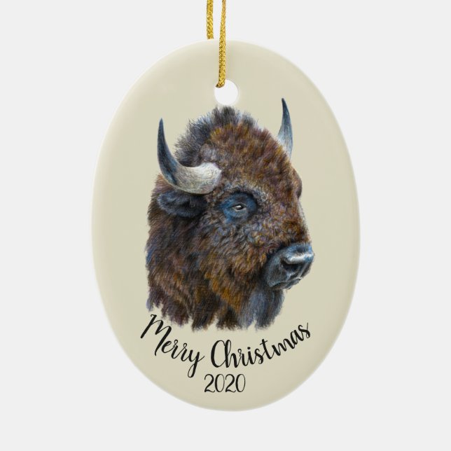 Custom Christmas Watercolor Bison Buffalo Tier Keramik Ornament (Hinten)