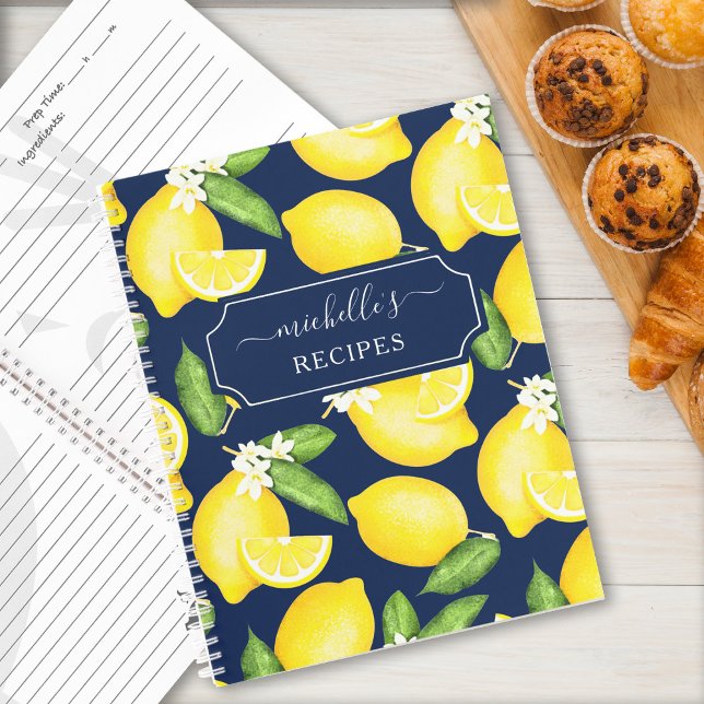 Custom Citrus Lemon Muster Rezept Navy Blau Notizbuch (Von Creator hochgeladen)