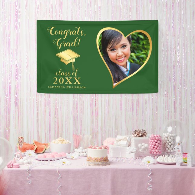 Custom Class 2025 Grad Foto Green Gold Abschluss Banner (Party)