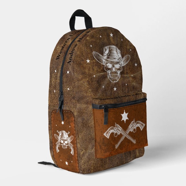 Custom Classic Cowboy and guns Brown Leder 1898 Bedruckter Rucksack (Rückseitige Ecke links)