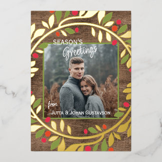 Custom Classic Green Holly Red Berries Gold Folien Feiertagskarte