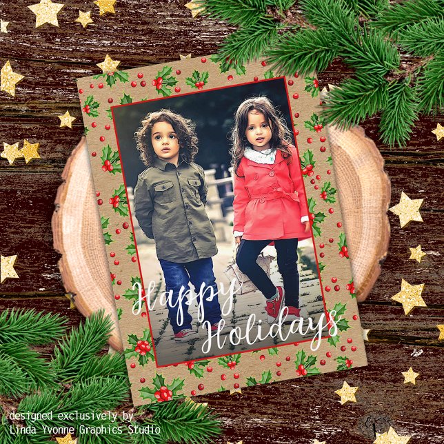 Custom Classic Holiday Green Holly Red Berries Karte (Von Creator hochgeladen)