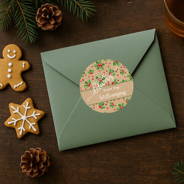 Custom Classic Holiday Green Holly Red Berries Runder Aufkleber (Von Creator hochgeladen)