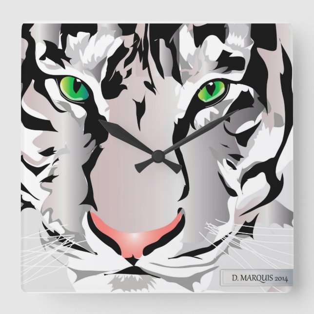 CUSTOM CLOCK- TIGER-WHITE/GRAU QUADRATISCHE WANDUHR (Vorderseite)