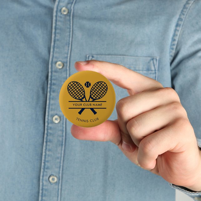 Custom Club Name Rasen Tennis Ikonen Sport Button (Lawn Tennis Racket Motif Navy Blue and Gold Custom Button)