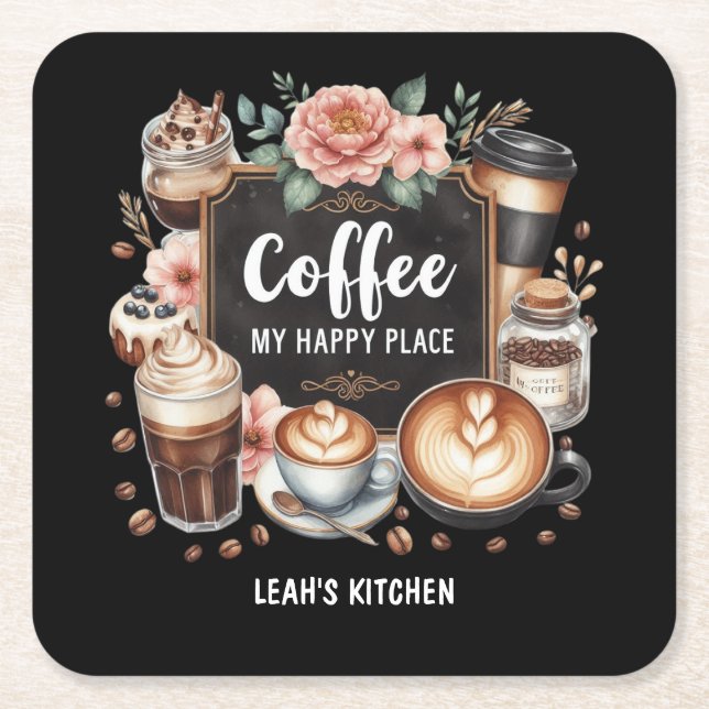 ☕ Custom Coffeecore Kitchen Café Kaffee Happy Plac Rechteckiger Pappuntersetzer (Vorderseite)