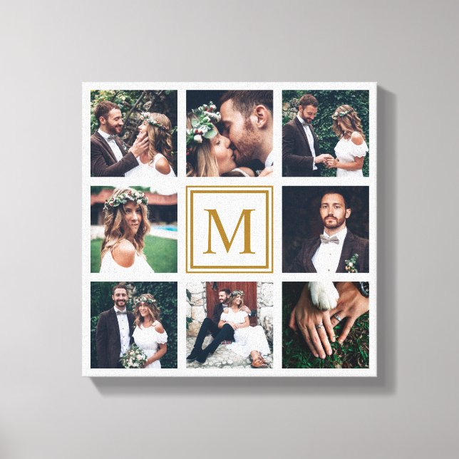 Custom Collage 8 Wedding Foto Gold Monogram Leinwanddruck (Vorderseite)