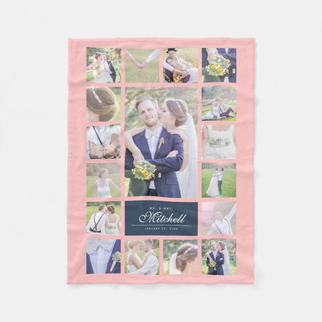 Custom Color Elegant Script Mr & Mrs. Foto Collage Fleecedecke (Vorderseite)