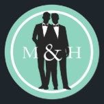 Custom Color Gay Couple Grooms Wedding Stickers<br><div class="desc">2 stöhnt Silhouetten in Schwarz und Weiß über eine benutzerdefinierte Farbe mit weißem, kreisförmigem Rahmen. (Der Rand kann entfernt werden, und es stehen mehr Aufkleber und Formen zur Verfügung. Passen Sie Ihre Mono- und Hochzeitsfarben an. Klicken Sie auf "Anpassen" und verwenden Sie die Uhren auf der rechten Seite, um die...</div>