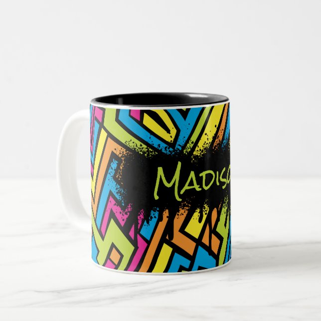 Custom Colorful Neon Graffiti Street Art Muster Zweifarbige Tasse (Vorderseite Links)