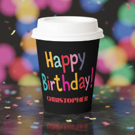Custom Colorful Retro Happy Birthday - Schwarz Pappbecher