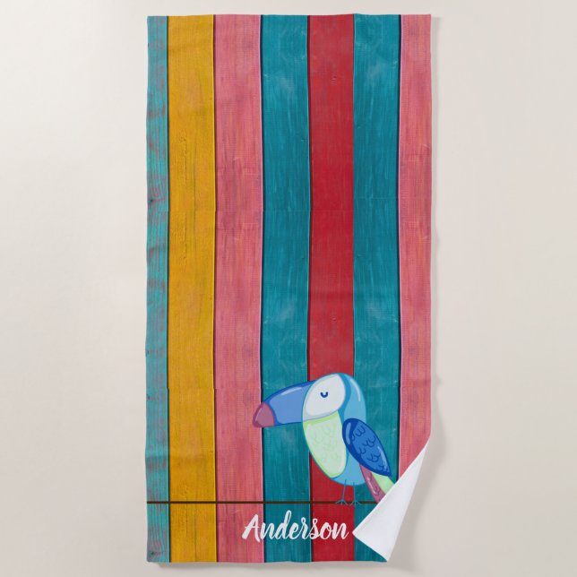 Custom Colorful Toucan Beach Rustikales Holz Strandtuch (Vorderseite)