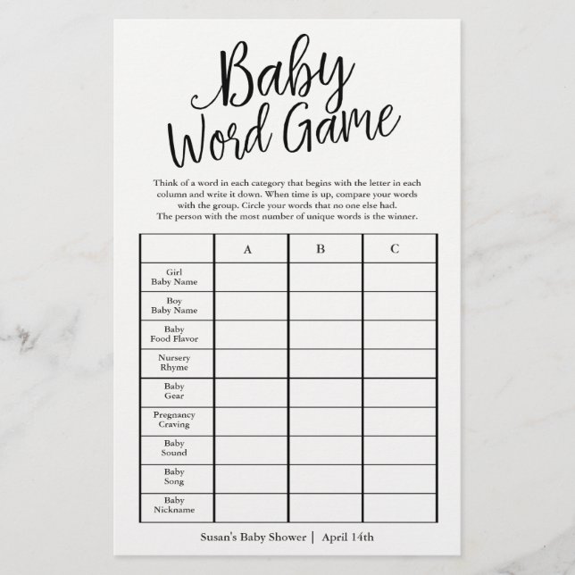 Custom Colors Baby Word Game Duschkarte (Vorderseite)