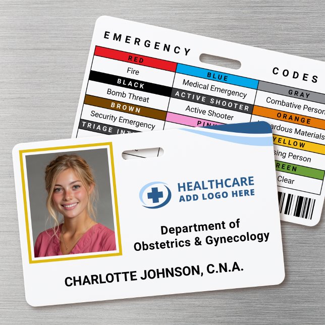  Custom Colors Codes Hospital Photo ID Badge Ausweis (Double-sided photo ID badge with custom emergency codes and barcode image)