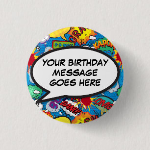 Custom Comic Book Birthday Party Fevor Blue Button