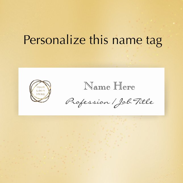 Custom Company Logo Modern Elegant Black Namensschild (Personalize this elegant modern black and white name tag with a name, job title and business logo.
)