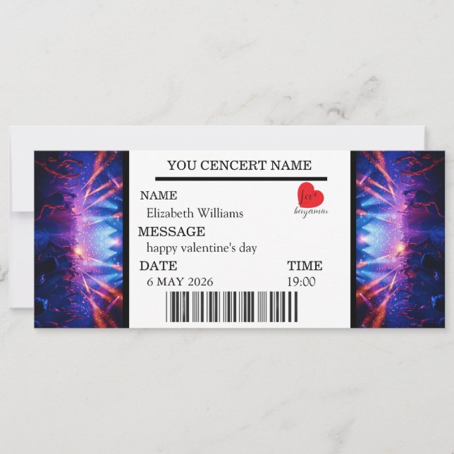 Custom Concert Ticket Gift Girl valentine's day Einladung (Vorderseite)