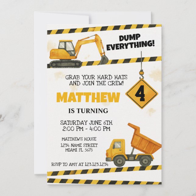Custom Construction Birthday Invites Einladung (Vorderseite)