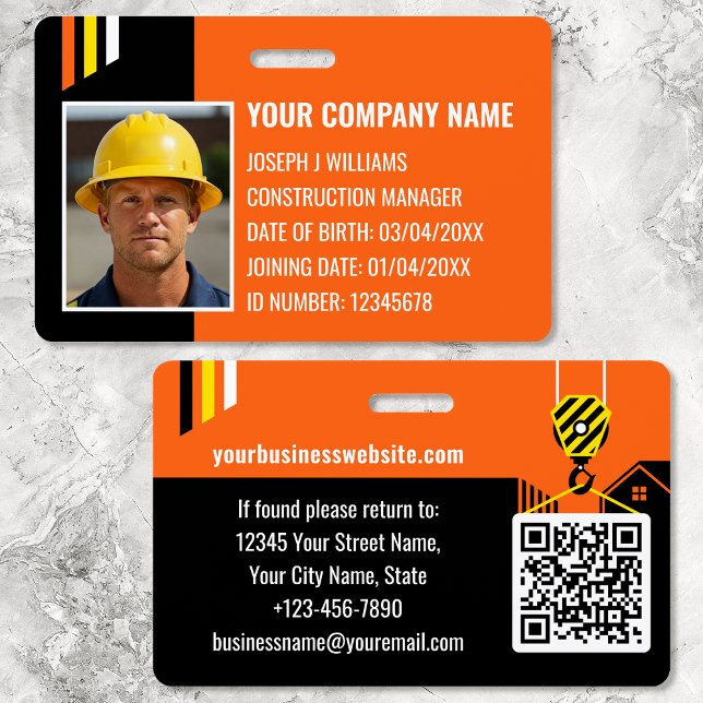 Custom Construction ID Work QR Code Orange Black Ausweis (Von Creator hochgeladen)