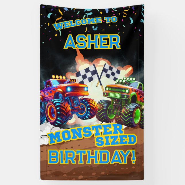 Custom Cool Monster Truck Boys Birthday Banner (Vertikal)