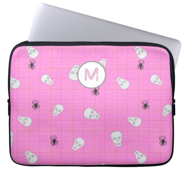 Custom Coquette Pink Kariert Halloween Skulls Laptopschutzhülle (Vorderseite)