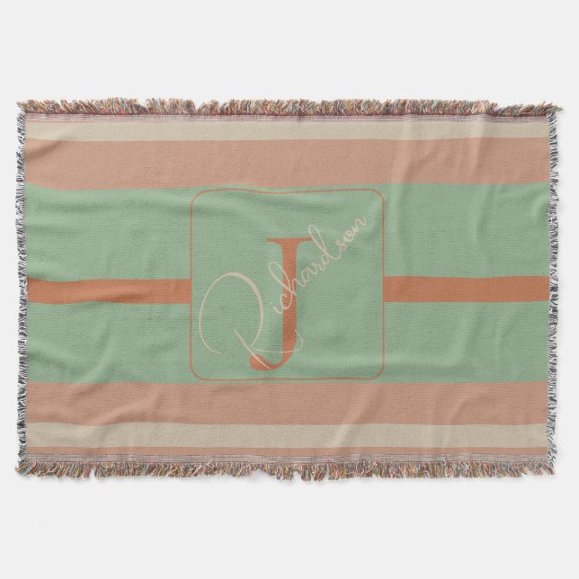Custom Coral Sage Stripe Monogram Boho Pastel Chi Decke (Vorderseite)
