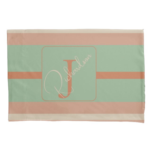 Custom Coral Sage Stripe Monogram Boho Pastel Chi Kissenbezug (Vorderseite)