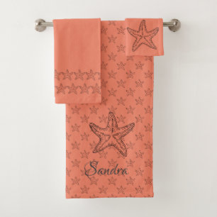 Custom Coral White Chic Beach House Starfish Badhandtuch Set