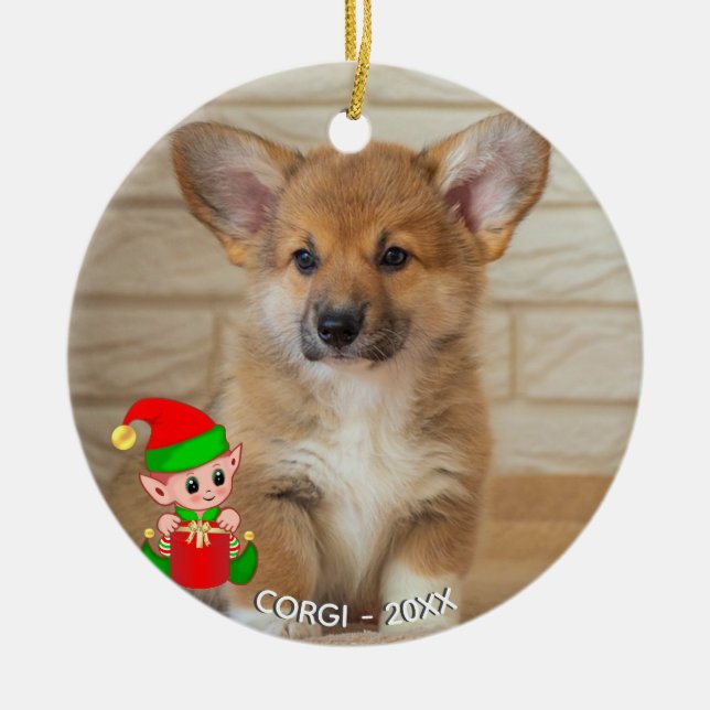 Custom Corgi Dog Foto mit Niedlichem Elf Keramik Ornament (Vorne)