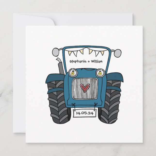 Custom Country Wedding Blue Traktor Einladung (Vorderseite)