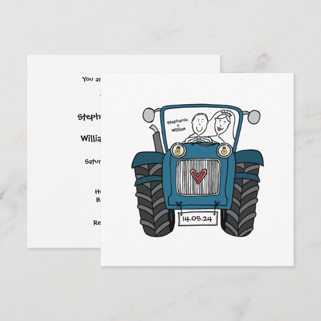 Custom Country Wedding Blue Traktor Einladung (Vorne/Hinten)