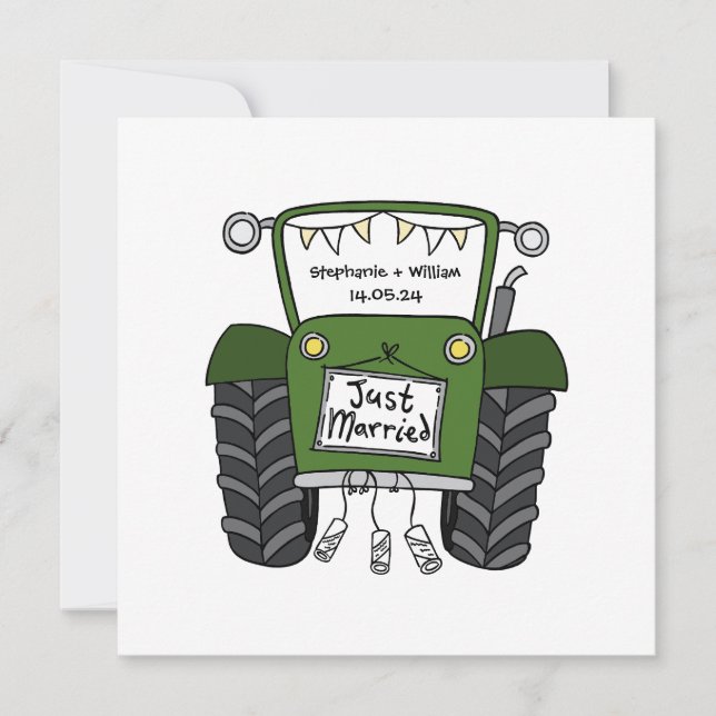 Custom Country Wedding Green Traktor Einladung (Vorderseite)