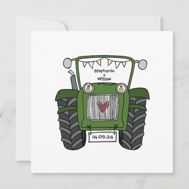 Custom Country Wedding Green Traktor Einladung (Vorderseite)