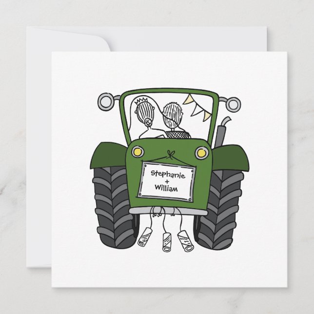 Custom Country Wedding Green Traktor Einladung (Vorderseite)
