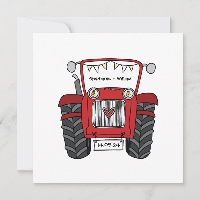Custom Country Wedding Red Tractor Abend Einladung (Vorderseite)