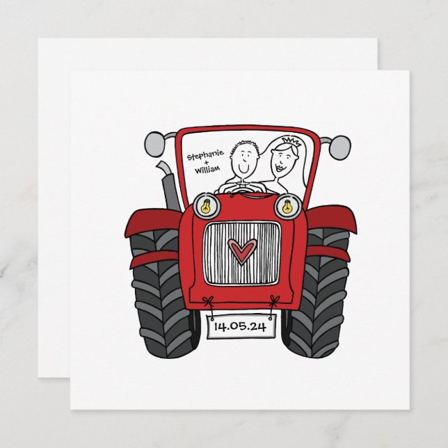 Custom Country Wedding Red Tractor Einladung (Vorne/Hinten)