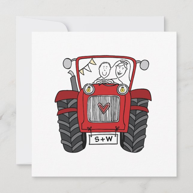 Custom Country Wedding Red Tractor Einladung (Vorderseite)