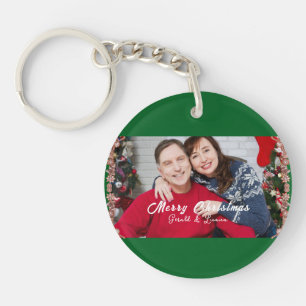Custom Couple Christmas Foto Green Schlüsselanhänger