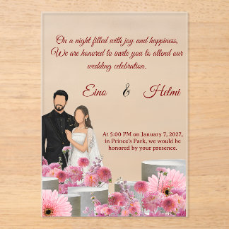 Custom Couple Floral WI.–Pink Flowers &Script Font Acryleinladungen
