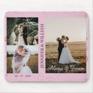 Custom Couple Foto Collage Name Wedding Pink Wood Mousepad